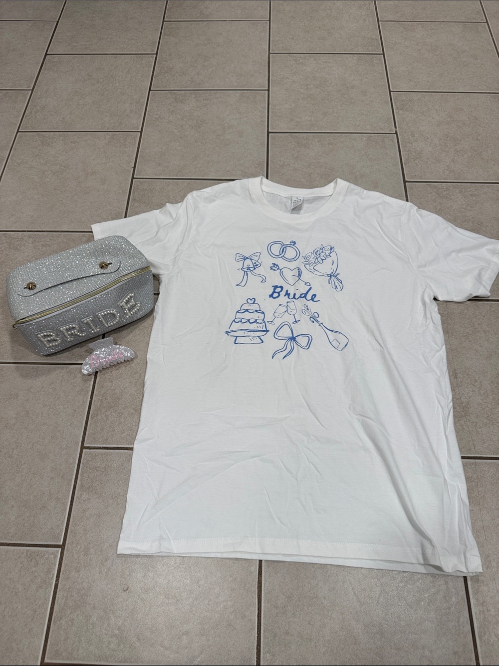 Bride oversized White T-Shirt , bride makeup pouch and claw clip bundle